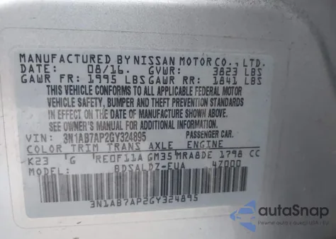 2016 Nissan Sentra Sv from USA, damaged, VIN 3N1AB7AP2GY324895